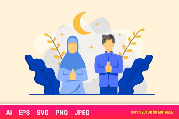 Moslem Couple Salam Cartoon Illustration